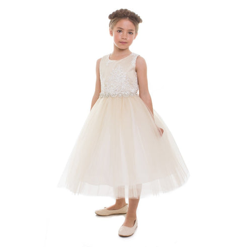 Petite Adele Little Girls Champagne Beaded Applique Flower Girl Dress 2T-6 - SophiasStyle.com